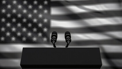 Powerful Political Podium Striking Black & White Photo of Empty Stage with Microphones & US Flag for News, Editorial & Political Speech Concepts