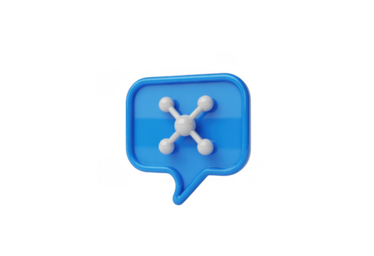 Blue speech bubble with white molecule icon isolated on a transparent background image - Powered by Adobe