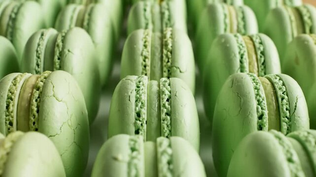 Close Up of Rows of Pistachio Green Macarons