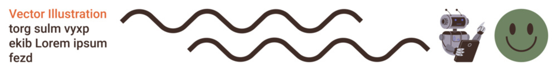 Technology, communication, robotics, emotions, digital tools, AI. Wavy lines with a robot holding a clipboard and a happy face symbol. Technology and communication concept