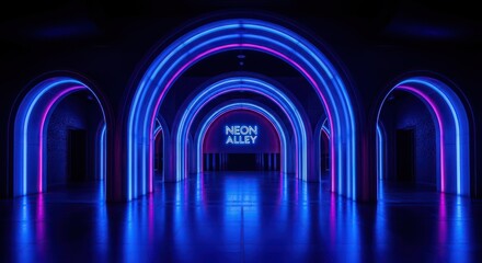 Futuristic arched pathway illuminated with vibrant neon lights creating a captivating visual