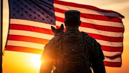 A dedicated military service member with their loyal K9 companion, silhouetted against a majestic American flag at sunset, embodying sacrifice and enduring patriotism