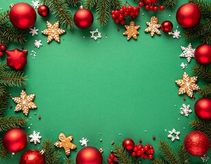 Festive Christmas frame on a vibrant green background with pine, red ornaments, berries, and gingerbread cookies