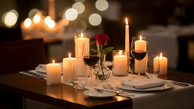 An exquisitely arranged dining table for two illuminated by the warm glow of many candles and complemented by a single red rose and fine wine glasses creating a perfect intimate and elegant romantic