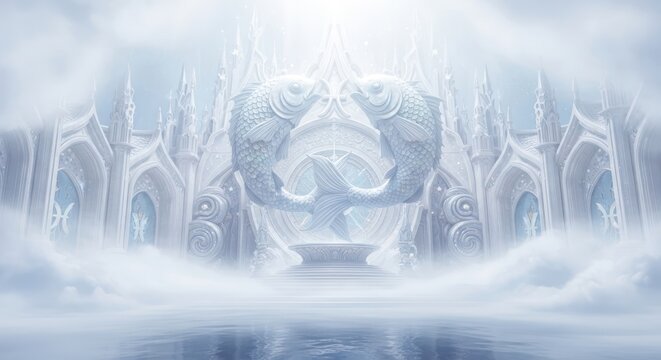 Ethereal piscis palace dreamlike architectural fantasy shrouded in ethereal mist and crystalline