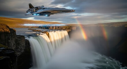Futuristic spaceship soars over majestic waterfalls in a breathtaking landscape exploring unknown
