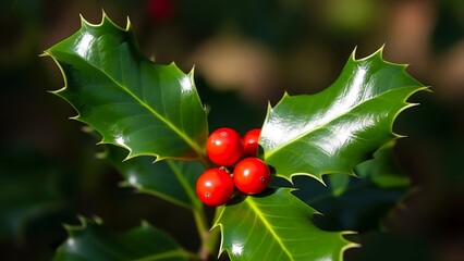 Vibrant close-up of glossy green holly leaves with radiant red berries, symbolizing winter festivities and natural beauty