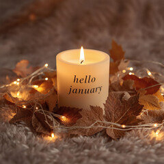 Hello January Cozy Candle & Dried Leaves  Warm Winter Glow, Hygge Background, New Year Concept