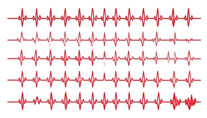 Several red line patterns, resembling cardiograms, are displayed across a white background, demonstrating variations in rhythms