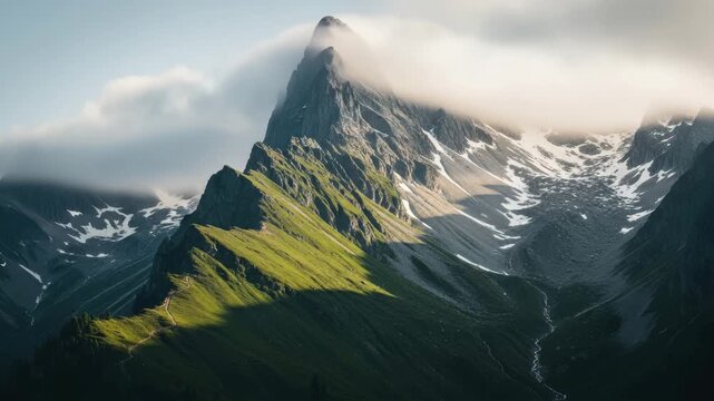 Majestic mountain peak shrouded in mist with sunlit green slopes and snow patches a winding trail