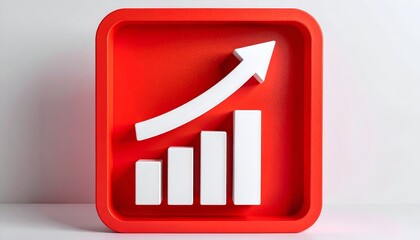 A red square with white bars rising alongside a white arrow, signifying growth and progress