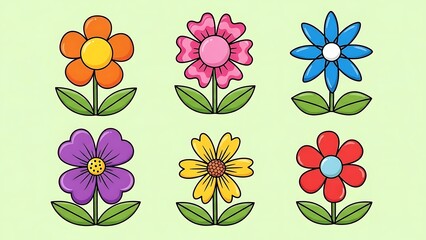 A vibrant collection of six colorful cartoon flowers, each featuring unique petal designs