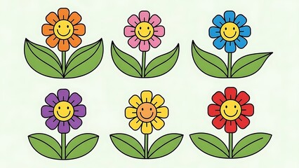 Collection of six vibrant cartoon flowers with joyful smiley faces, ideal for children's designs and cheerful spring themes