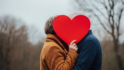A couple in love embraces passionately, their faces hidden behind a vibrant red heart, symbolizing affection and deep connection