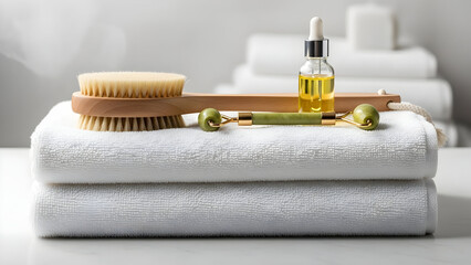 Minimalist wellness scene featuring a wooden dry brushing tool, revitalizing jade roller, and moisturizing serum bottle carefully placed on soft white bath towels for a calming and refreshing