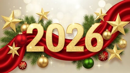 Elegant 2026 New Year Celebration Design with Golden Numbers, Sparkling Stars, and Festive Red Ribbon Decor