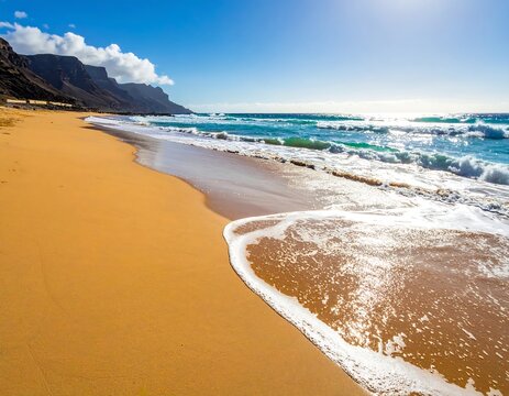 Sunny coastal landscape; golden sand beach, turquoise water, rocky cliffs - Powered by Adobe