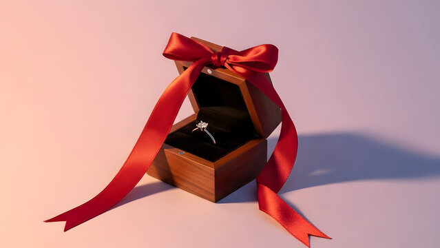 Elegant diamond ring revealed in a beautiful wooden gift box adorned with a vibrant red ribbon signifying a heartfelt marriage proposal and romantic commitment celebration