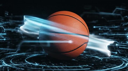 A stylized image of a basketball with futuristic digital effects and glowing blue lines - Powered by Adobe