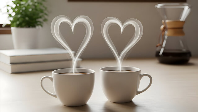 Two warm coffee cups emit delicate heart-shaped steam symbolizing profound love and intimate connection, perfect for romantic mornings, shared moments, or expressing heartfelt affection and comfort