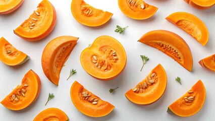 Sweet, juicy, and fresh set of orange melon slices, ripe fruit isolated on white