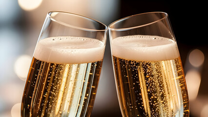 Golden sparkling wine bubbles rise in elegant champagne flutes clinking together against a festive bokeh background, signifying a joyful celebration of success and achievement