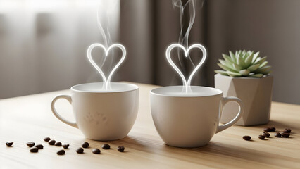 Two pristine white coffee cups featuring ethereal heart-shaped steam rising gracefully, symbolizing love, warmth, and cherished connections perfect for a romantic morning