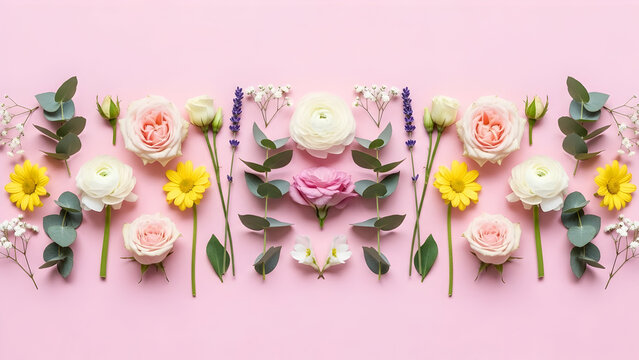 Delicate and fresh floral flat lay arrangement showcasing a beautiful array of colorful spring flowers like soft pink roses white ranunculus and purple lavender elegantly set on a serene pink - Powered by Adobe