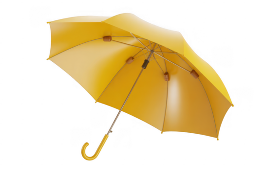 Bright yellow umbrella with curved handle and metal spokes isolated on a transparent background - Powered by Adobe