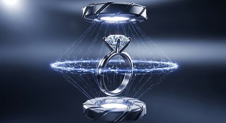 Illuminated diamond engagement ring suspended in a futuristic blue energy aura