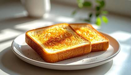 Two slices of toasted bread with crispy golden texture, simple breakfast setting, white plate, soft shadows, natural morning light