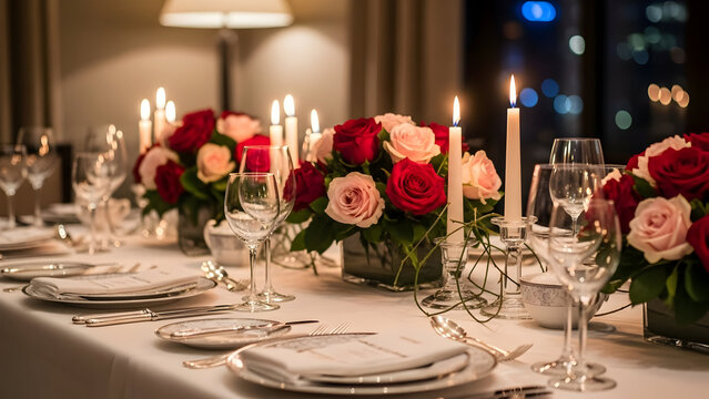 Luxurious evening dining table meticulously arranged with vibrant red and blush pink rose floral centerpieces, tall flickering candles, and elegant crystal glassware creating a sophisticated - Powered by Adobe