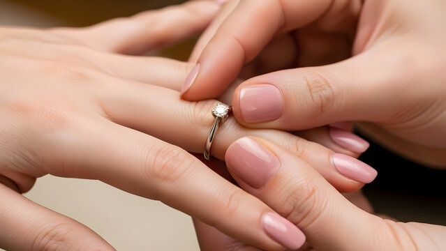 Touching moment as an elegant diamond engagement ring is gently placed on a finger, symbolizing a heartfelt marriage proposal, new beginnings, and everlasting love and commitment