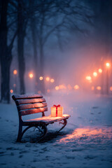 Fototapeta premium A solitary park bench covered in snow with a christmas gift waiting
