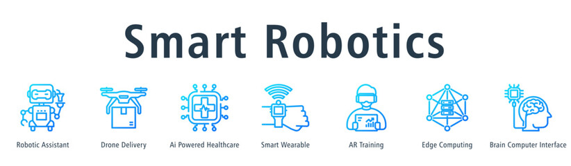 Smart Robotics web banner icon vector illustration concept with icon of robotics, drone delivery, ai healthcare, wearable tech, ar training and edge computing