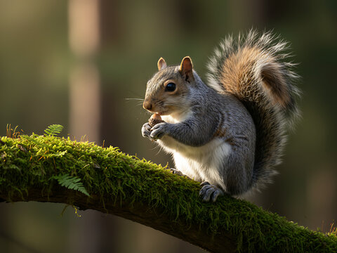 Grey squirrel eating nut on a tree branch, Wildlife / Nature Animal Portrait