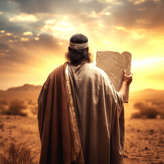 Moses Ten Commandments Back View, Biblical Stone Tablets, Hebrew Scripture, Desert Prophet, Religious Leadership & Sacred Law Concept