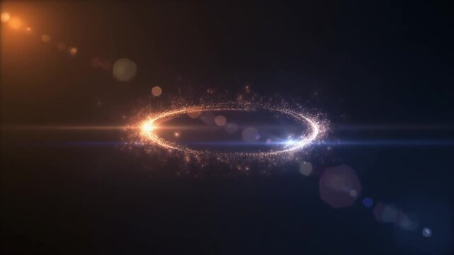 Dynamic abstract energy ring with vibrant sparkling particles and radiating light flares creating a mesmerizing cosmic or technological visual effect on a dark background