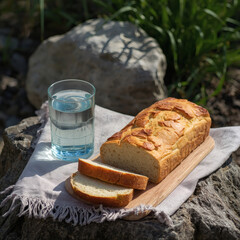 Freshly Baked Artisan Bread & Water, Rustic Outdoor Meal, Healthy Simple Sustenance, Crusty Loaf, Natural Food