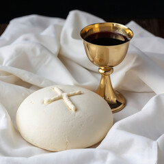 Holy Communion Sacrament Closeup Consecrated Eucharistic Bread, Golden Chalice with Red Wine, and Liturgical Linen Cloth for Christian Worship