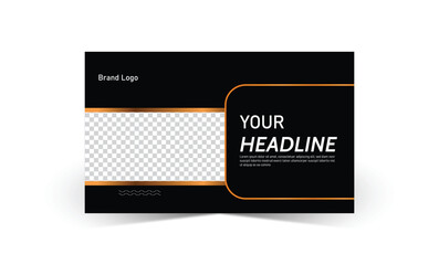 Modern horizontal layout template with customizable elements. Ideal for business presentations, marketing banners, or digital ads. Elegant black and gold design with image placeholder.