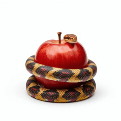 Serpent's Temptation A Vivid Snake Coiled Around a Forbidden Red Apple, Symbolizing Sin, Eden, and Biblical Allure