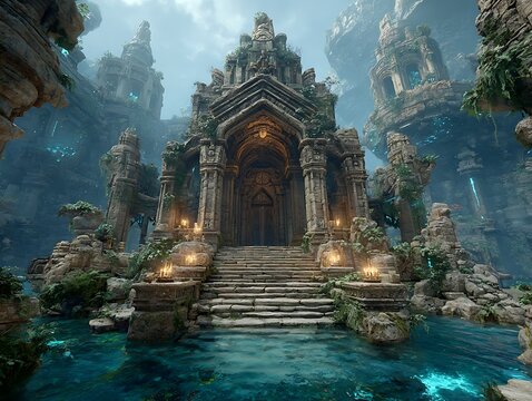 Ancient underwater temple mockup glowing with blue bio-luminescent command lines