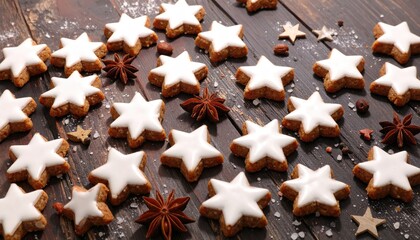 Traditional German Zimtsterne star shaped Christmas cookies with white icing and star anise on rustic wood.