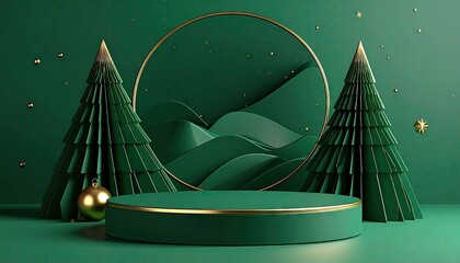 Elegant minimalist Christmas stage with geometric green trees and gold ornaments.