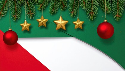 Festive Christmas decorations with pine branches golden stars and red baubles on a green background.