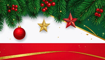 Festive Christmas holiday background with pine branches ornaments and golden accents.