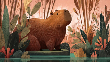 Cute Capybara Illustration in Nature