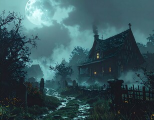 Spooky scene of a house and graveyard under a moonlit sky