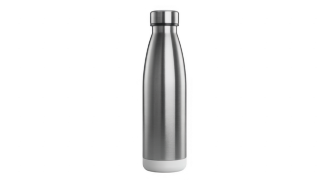Brushed metal water bottle with white base and silver cap isolated on a transparent background